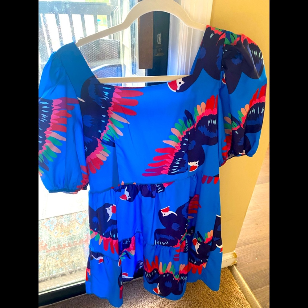 Royal Blue Dress with Multi-Color Parrot Print